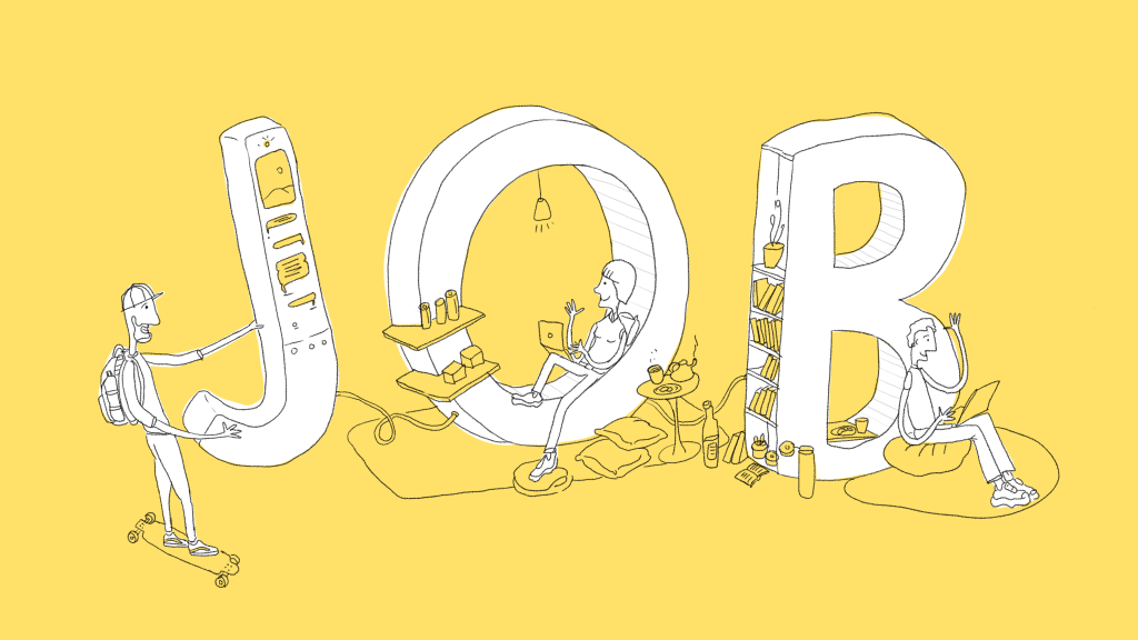 sketches of people working around a big sign saying JOB