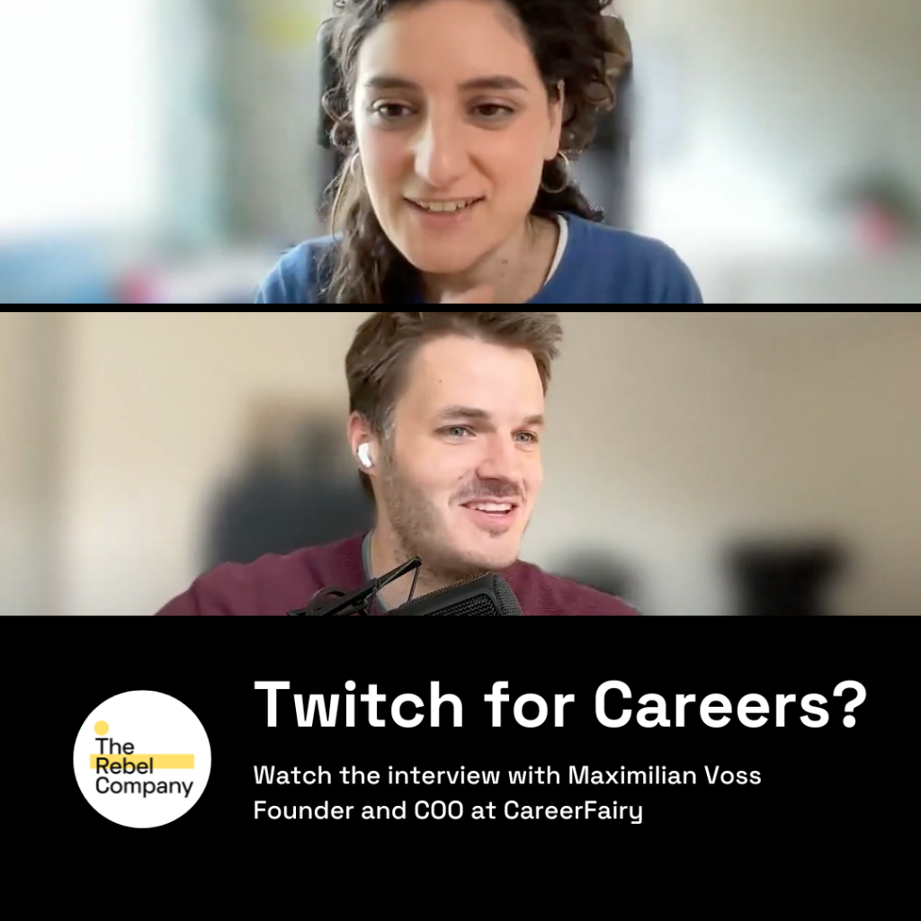Preview of interview between a man and a woman entitled "twitch for careers?" with Careerfairy's founder